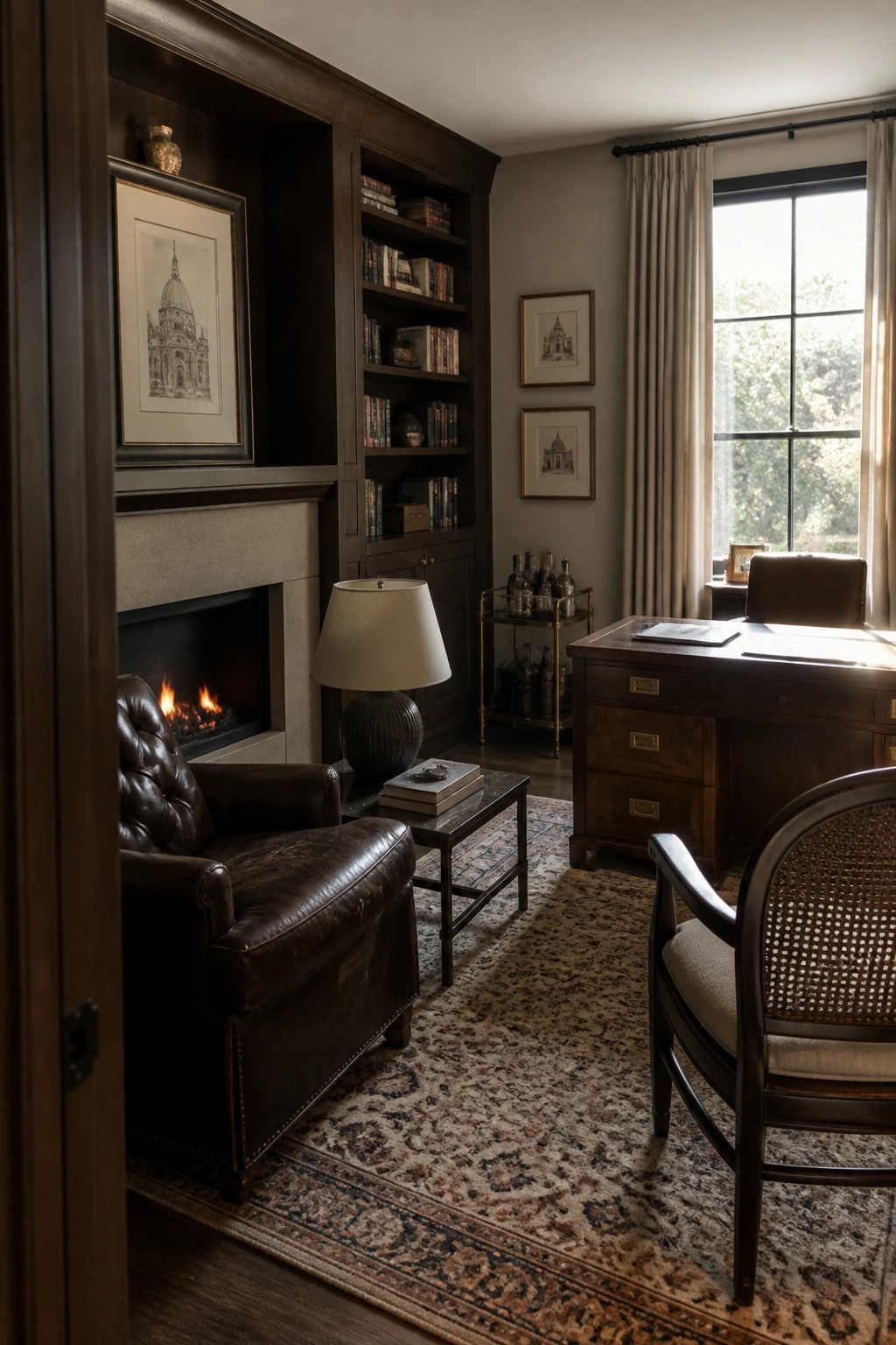 A home office with dark wood built-in bookshelves and a fireplace on the left wall, a brown leather armchair in front, a wooden desk near the window on the right, and a patterned rug on the floor.