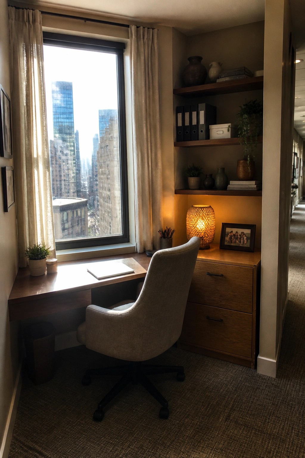 Cozy wooden desk and swivel chair by sunny city-view window with lit shelves.