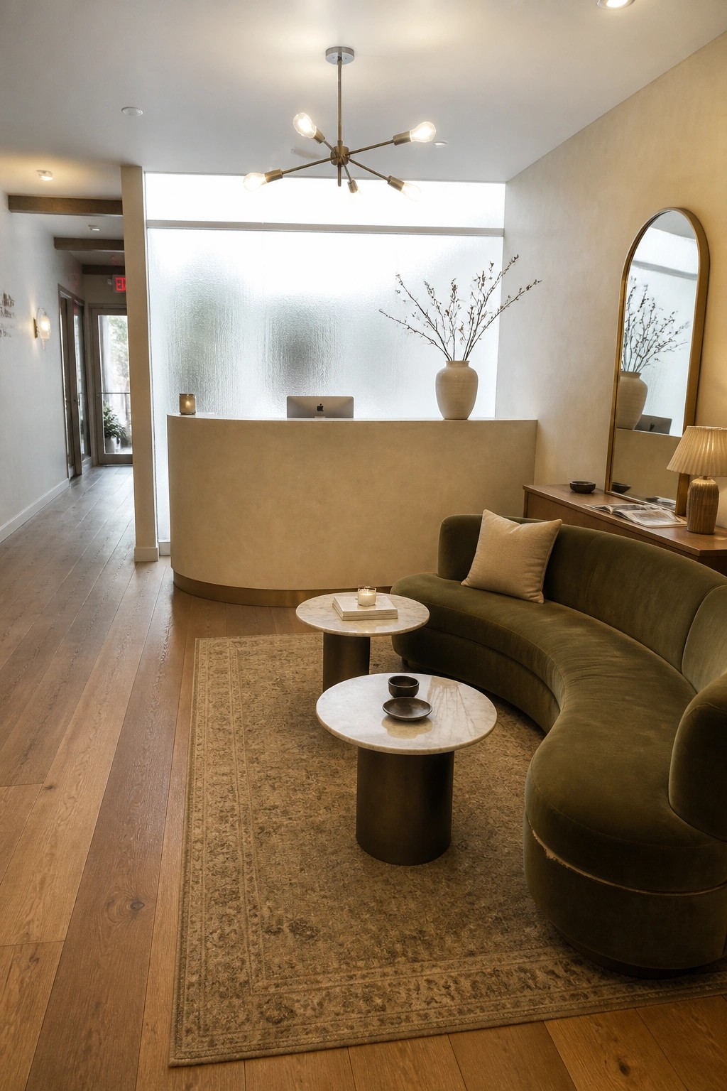 A modern office reception area with a large curved olive green sofa, round marble coffee tables on a patterned rug, a curved beige reception desk, and a modern chandelier overhead.