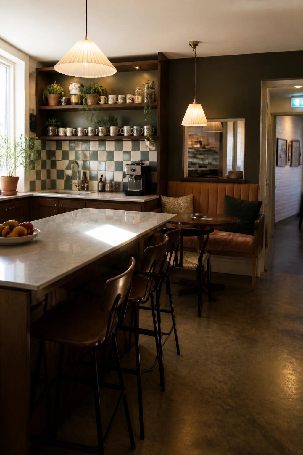 A bright office kitchen with a marble island, dark wooden bar stools, open shelving holding mugs and plants, a coffee machine on the counter, and a terracotta upholstered booth with a round table.