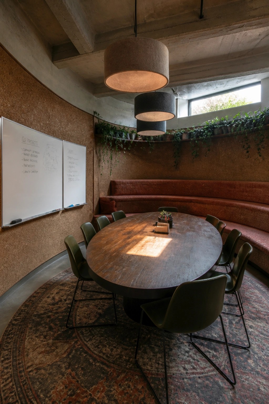 A round wooden table with green chairs around it in an office meeting room that has a whiteboard on a cork wall and a curved upholstered bench.