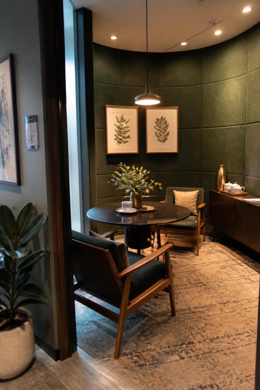 A small office lounge with a round table, two wooden armchairs, green upholstered wall panels, and framed botanical prints.