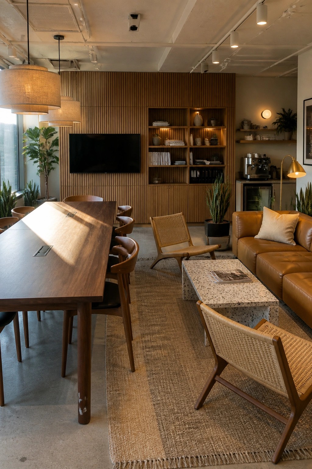 Modern office lounge with a long wooden table, leather sofa, woven chairs on a rug, and a wall of vertical wood paneling with built-in shelving.