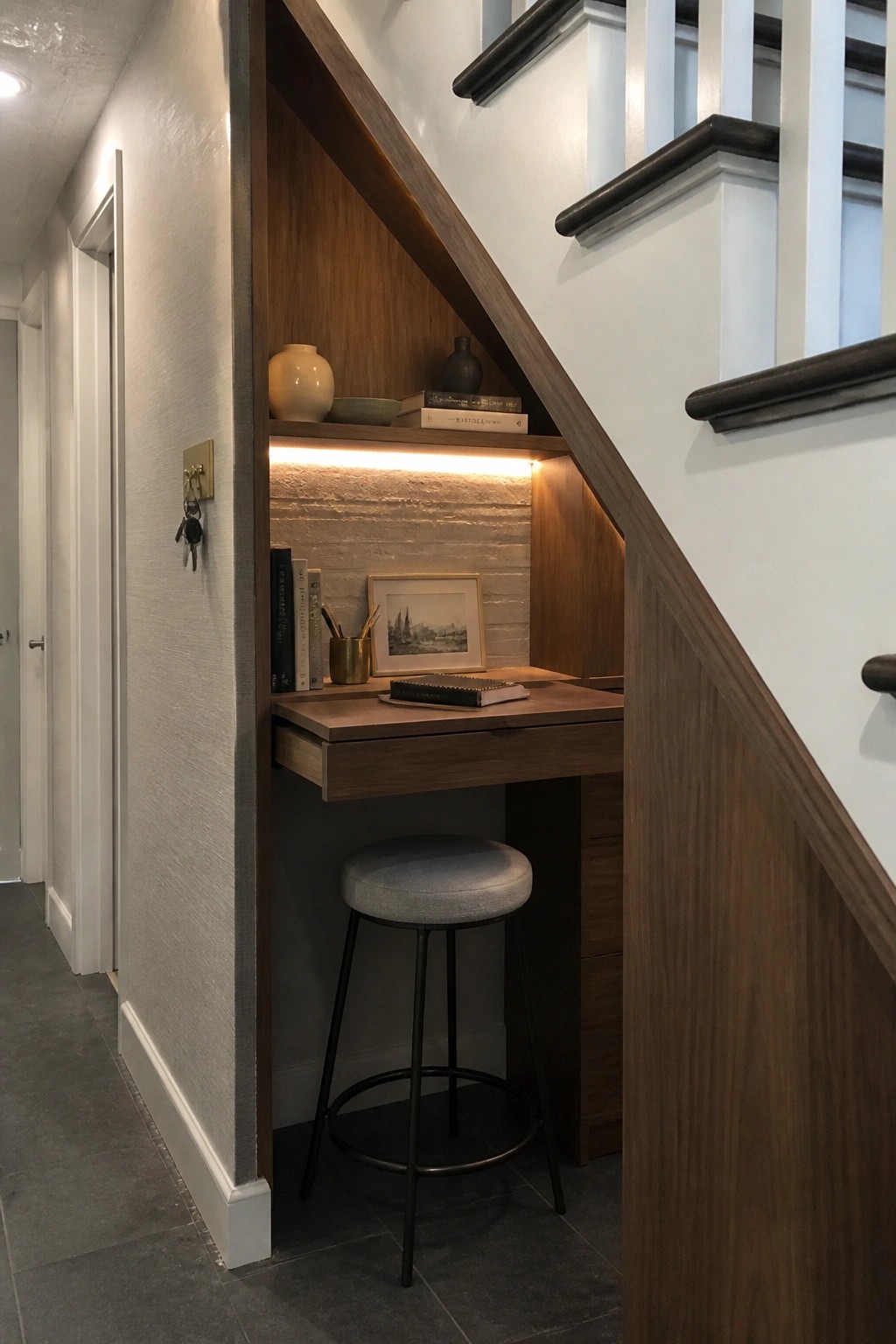 A wooden built-in desk and stool set into the space under a staircase with shelves holding books and small items above.