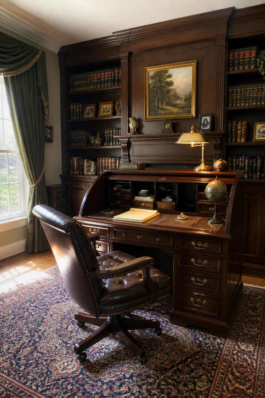 A dark wood roll-top desk sits in front of built-in bookshelves filled with books, with a brown leather office chair on a patterned rug.