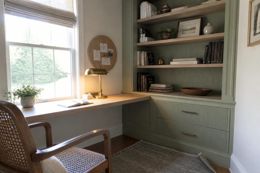 A corner home office with a wooden desk under a window, a woven chair on a striped rug, green fluted built-in cabinets with brass handles, and open shelves holding books and small decor items.