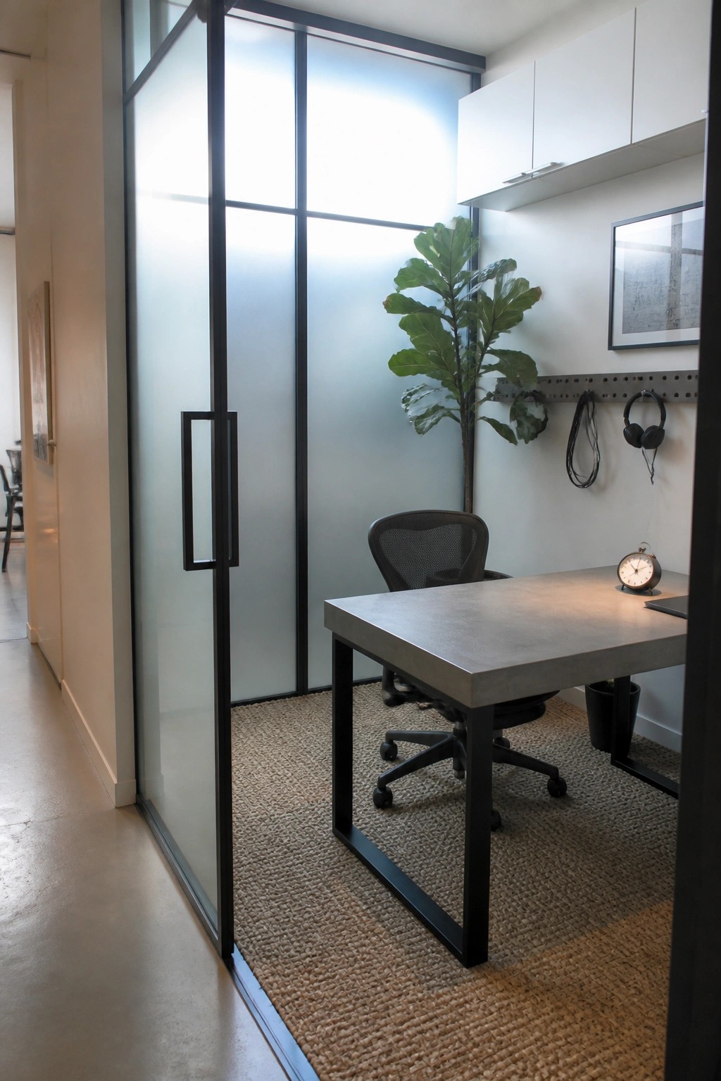 A compact home office with a concrete desk, black-framed office chair, woven rug, and frosted glass partition walls with black metal framing.