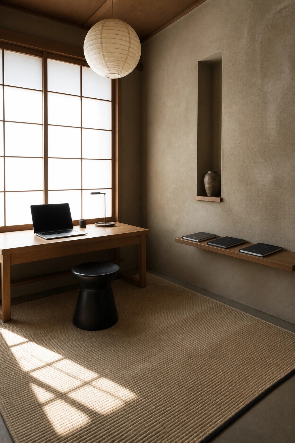 A minimalist home office features a wooden desk with a laptop, black stool, paper lantern, shoji windows, and a floating shelf with books on a woven rug.
