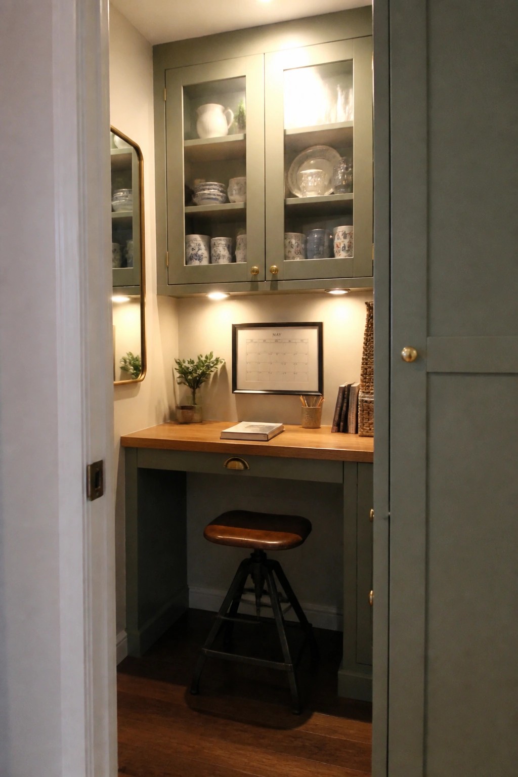 A small built-in desk nook with sage green cabinetry, a wooden desktop, upper glass-front cabinets, and a stool underneath.