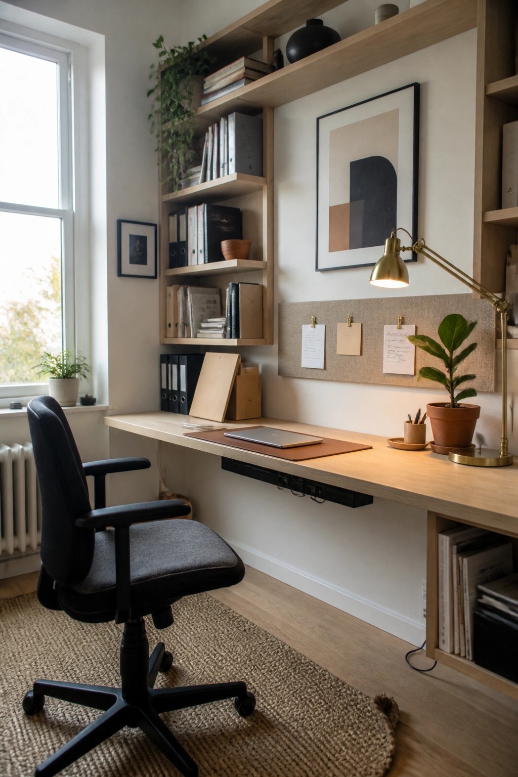 A home office featuring a light wood floating desk with a laptop, black office chair on a woven rug, built-in wooden shelves holding books and binders, a fabric bulletin board with papers, and a brass desk lamp.