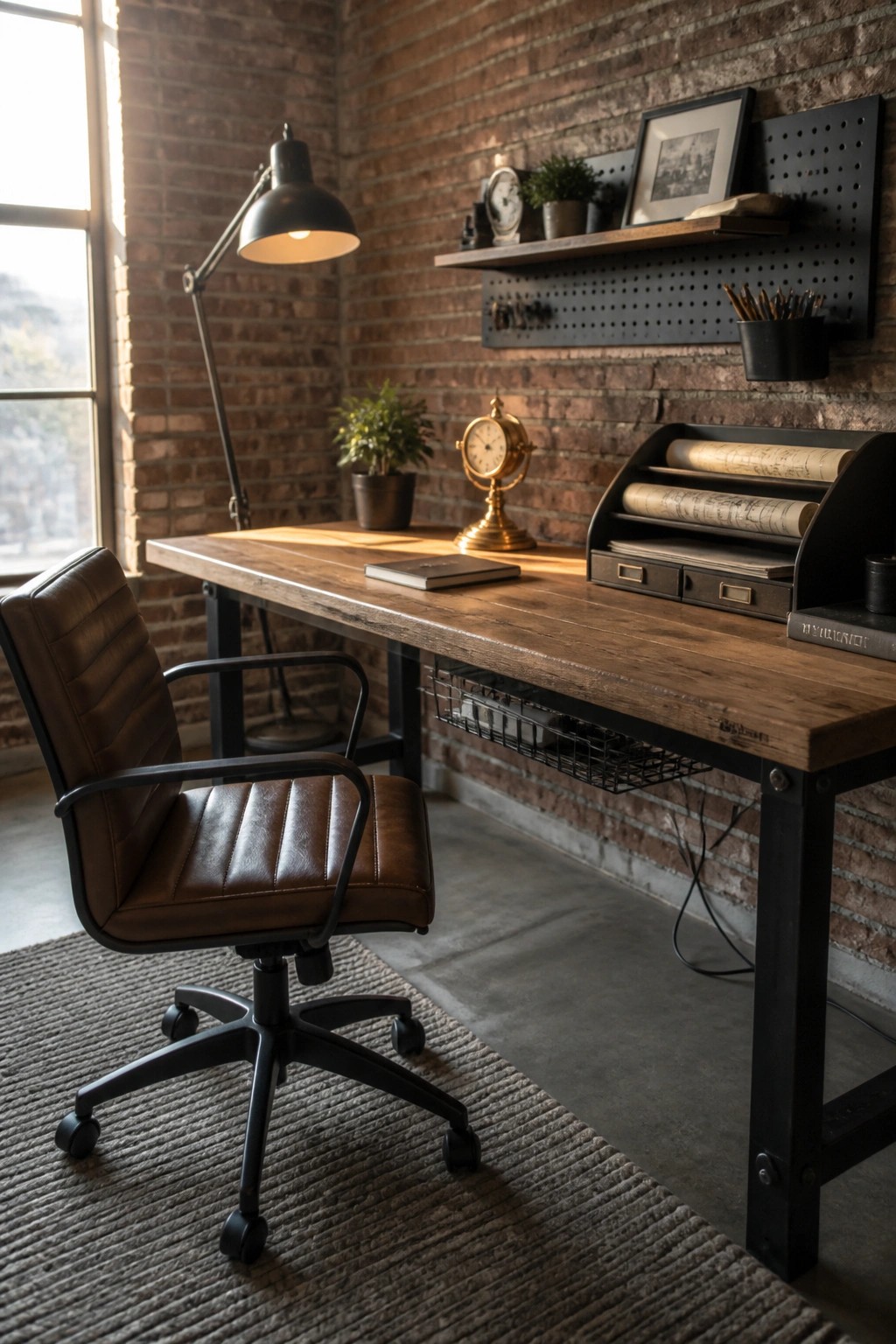 A wooden desk with a brown leather office chair sits against a brick wall, accompanied by a black adjustable lamp and various desk accessories.