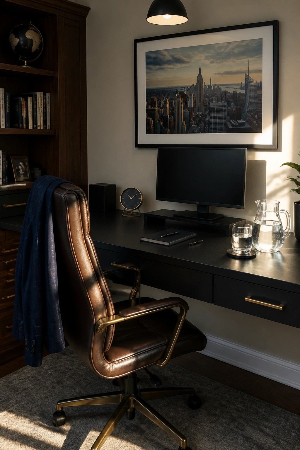 A home office with a dark desk, brown leather chair, computer monitor on a riser, and a large framed cityscape on the wall.
