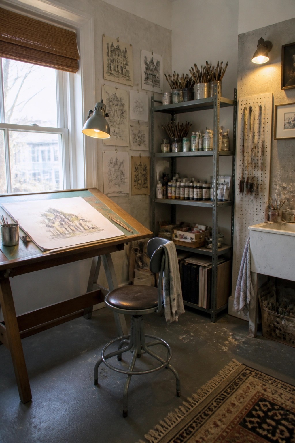 Artist's studio with drafting table, stool, paint shelves, and wall sketches.