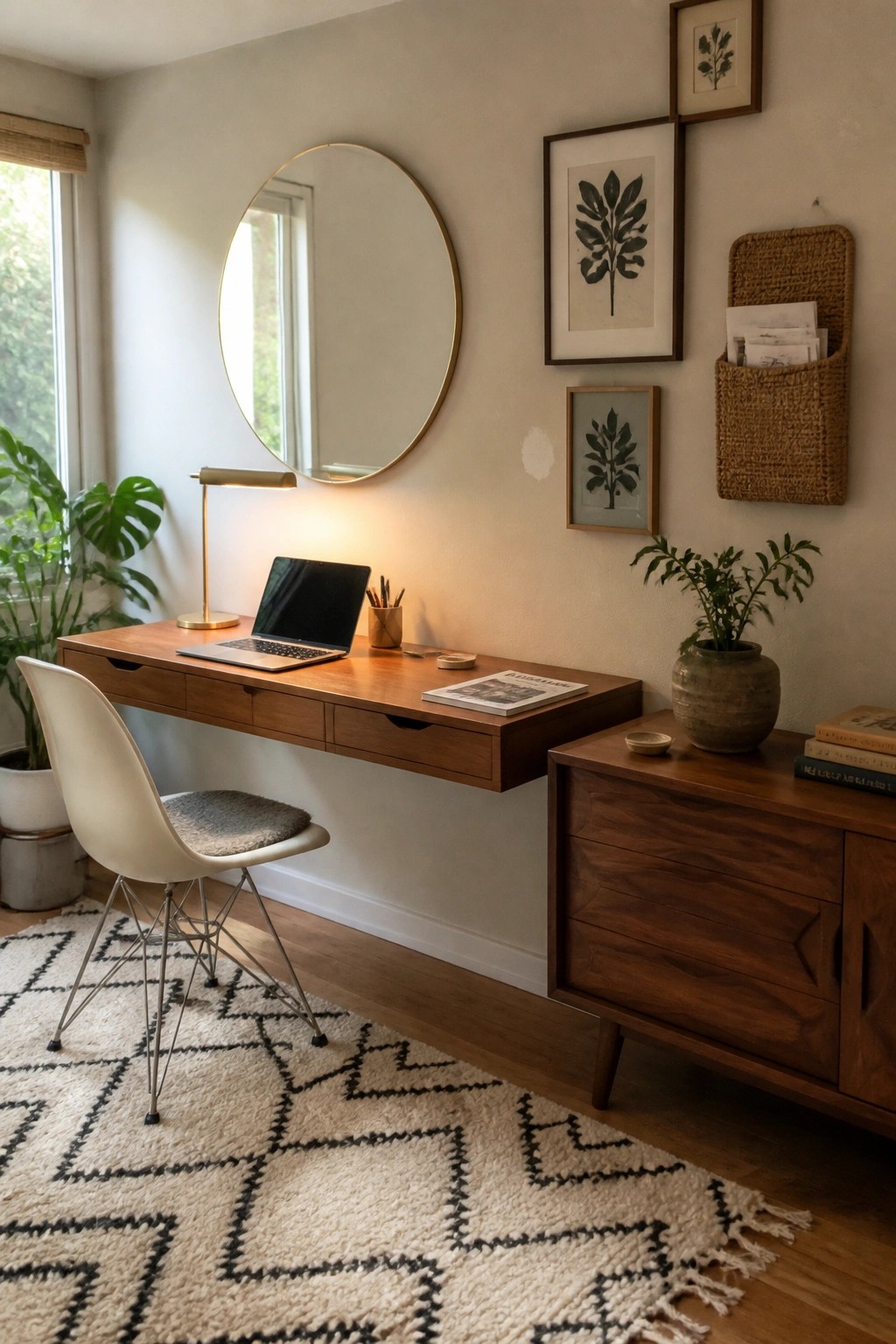 A home office featuring a wooden floating desk with a laptop, desk lamp, and chair on a patterned rug, next to a wooden storage cabinet and wall art.