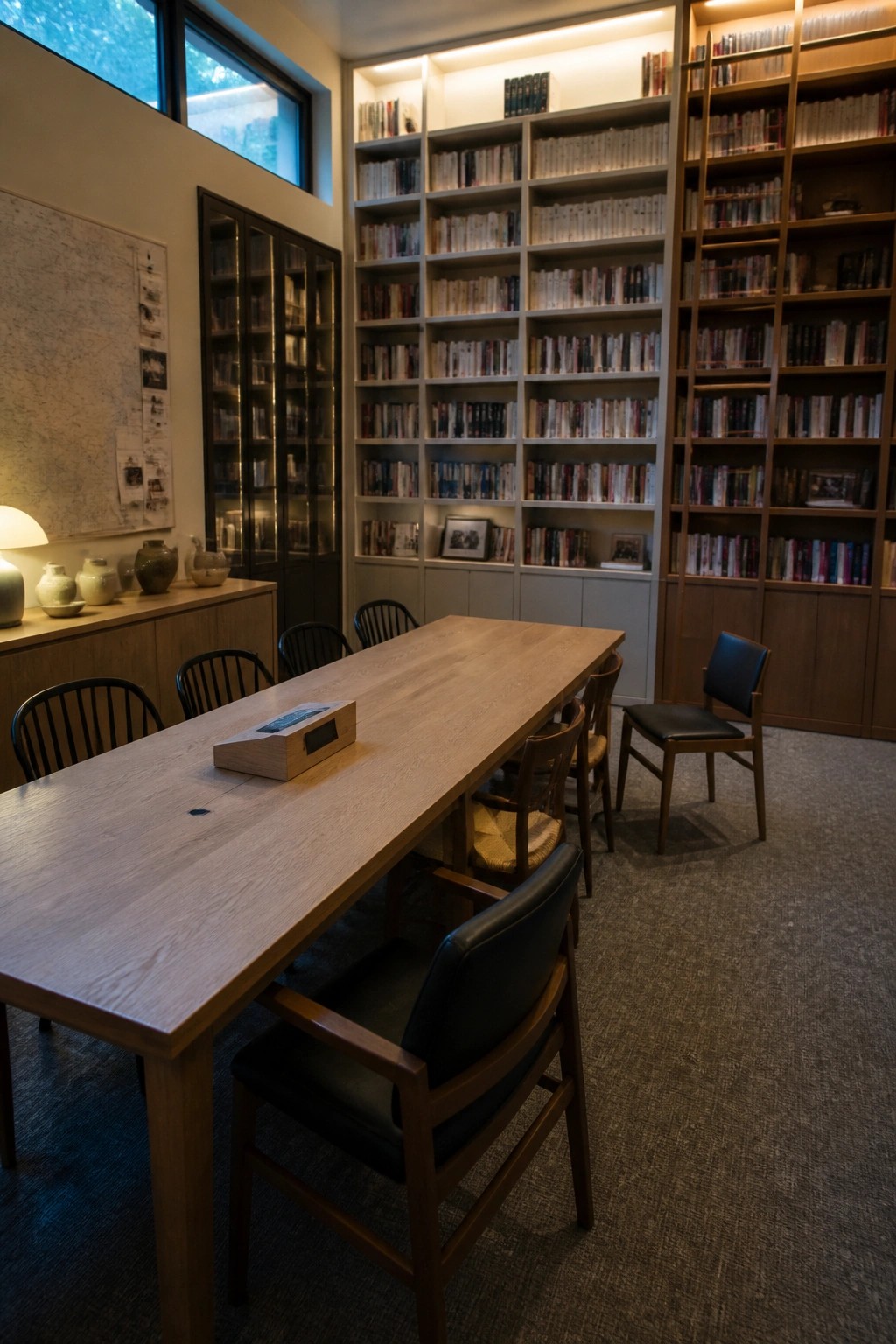A long wooden table with several wooden and upholstered chairs sits in a room with floor-to-ceiling bookshelves filled with books and a large window on the left wall.
