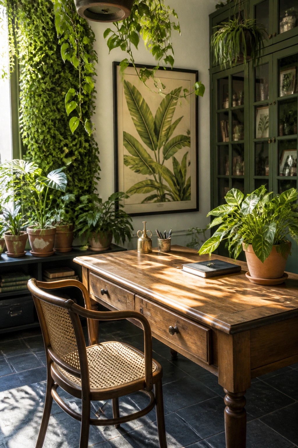 Sunlit wooden desk and cane chair surrounded by lush potted plants and botanical art