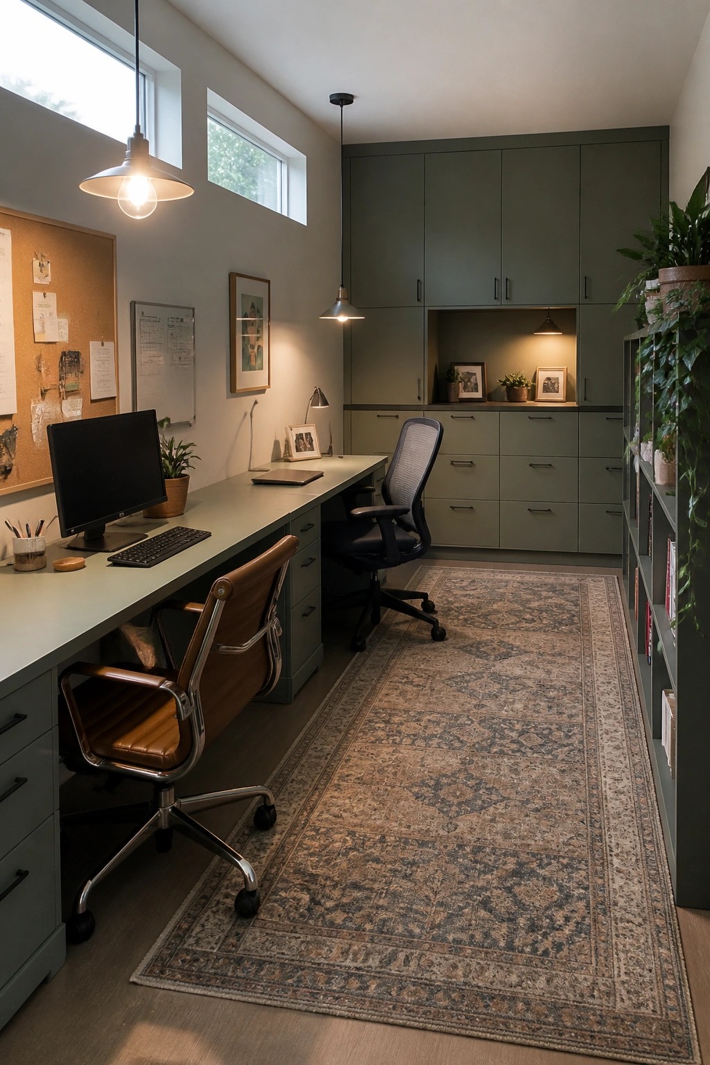 A home office interior showing a long desk with two chairs, a large patterned rug, and built-in sage green cabinets along the back wall.