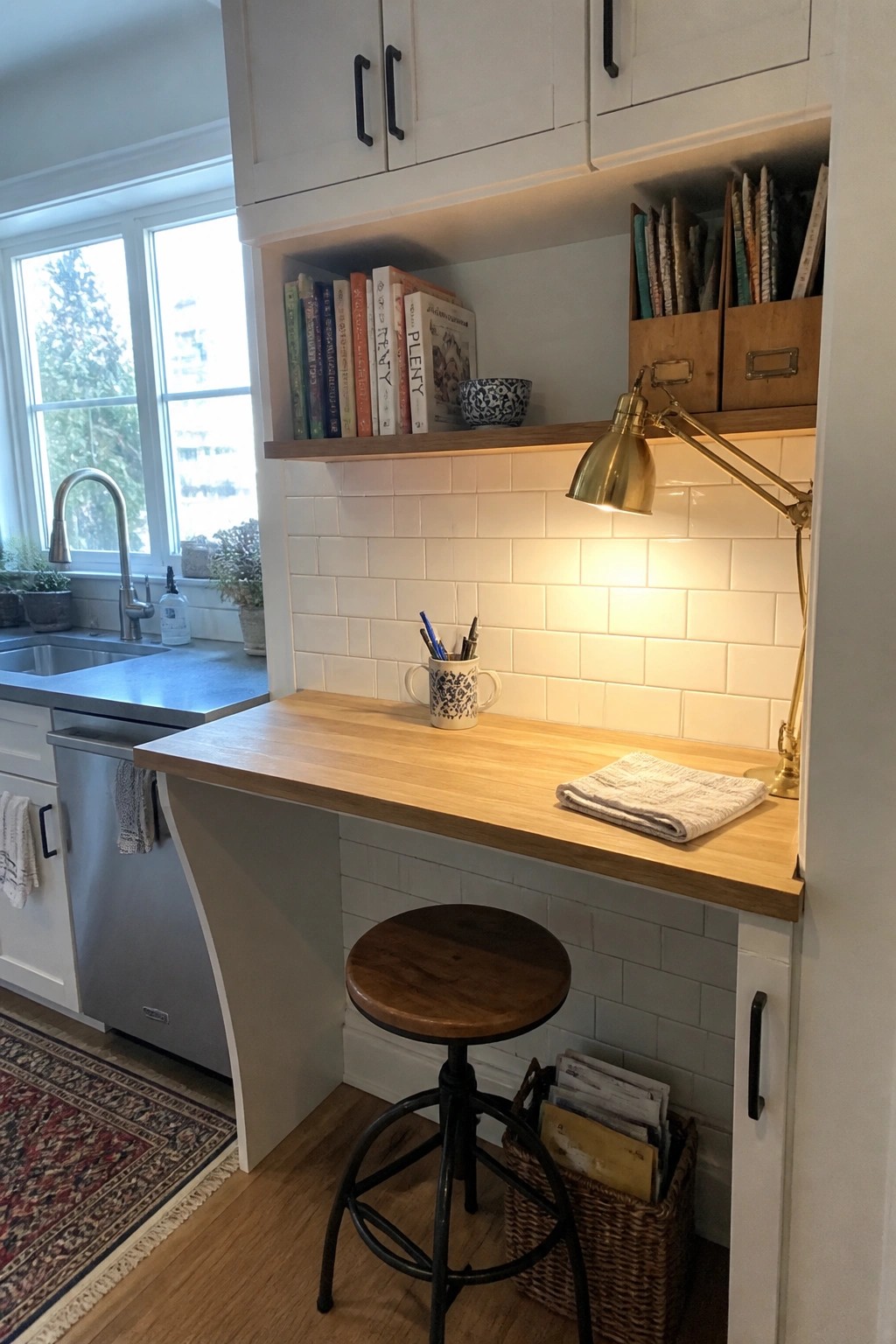 A wooden built-in desk counter with open shelving above it, a stool underneath, and a brass lamp on the right side in a kitchen with white tile backsplash.