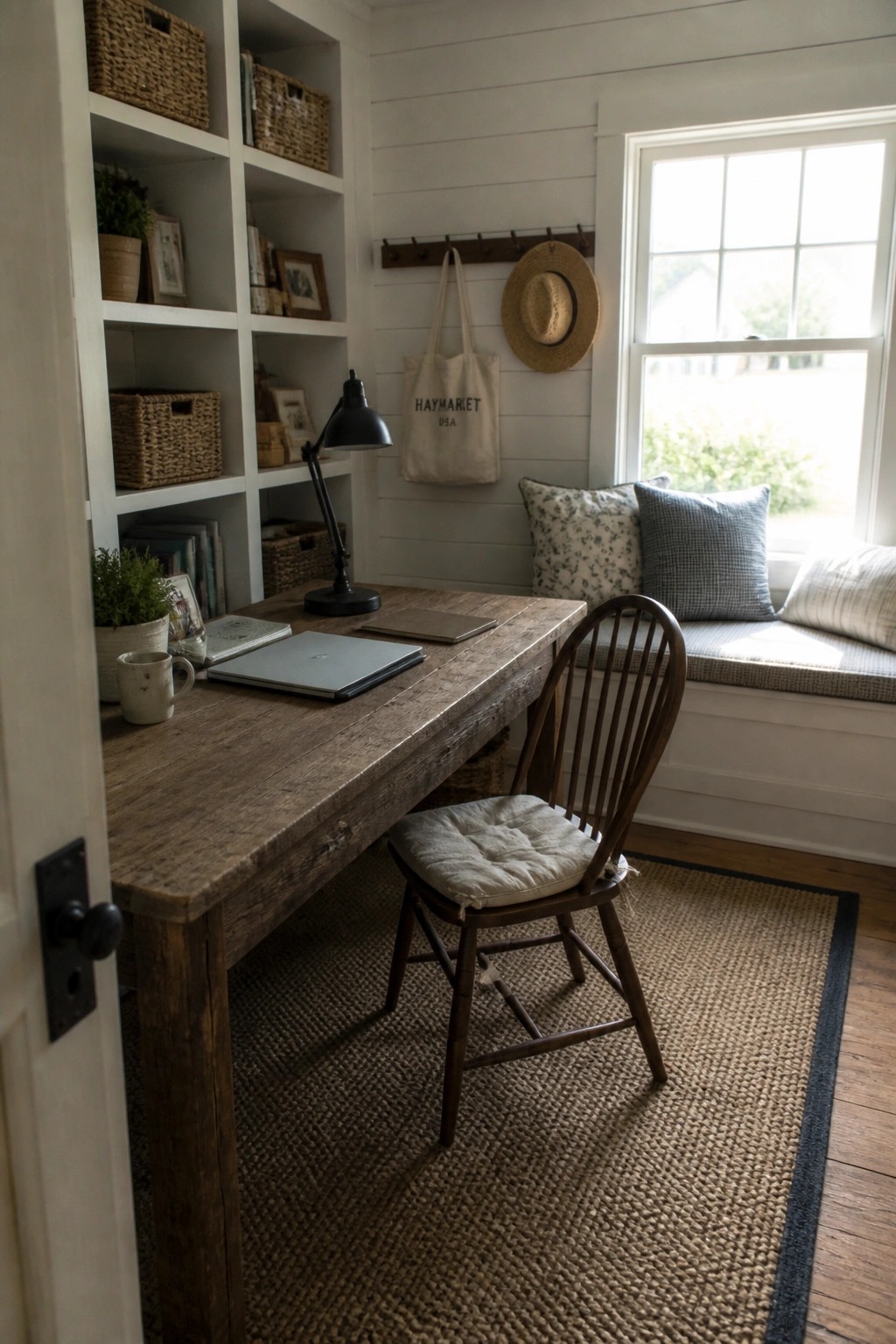 A rustic wooden desk with a laptop and lamp sits in front of white built-in shelving, next to a window with a cushioned bench seat and a wooden spindle chair on a woven rug.