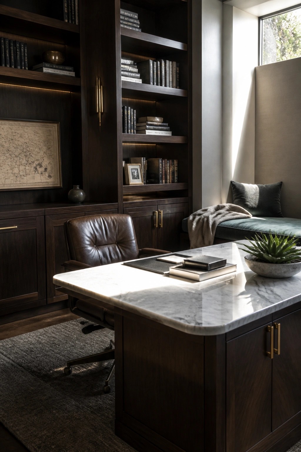 Dark wood office with marble desk, leather chair, bookshelves, and window seat
