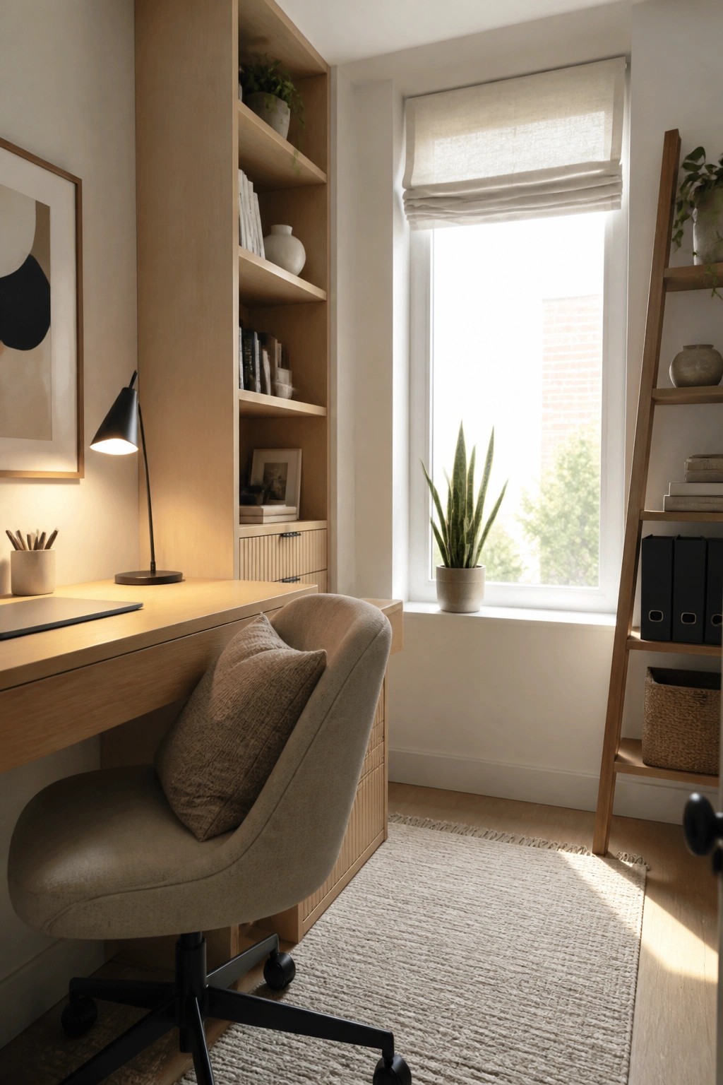 A light wood built-in desk and open shelving unit placed beside a window with a roller shade, with a beige upholstered office chair on a woven rug.