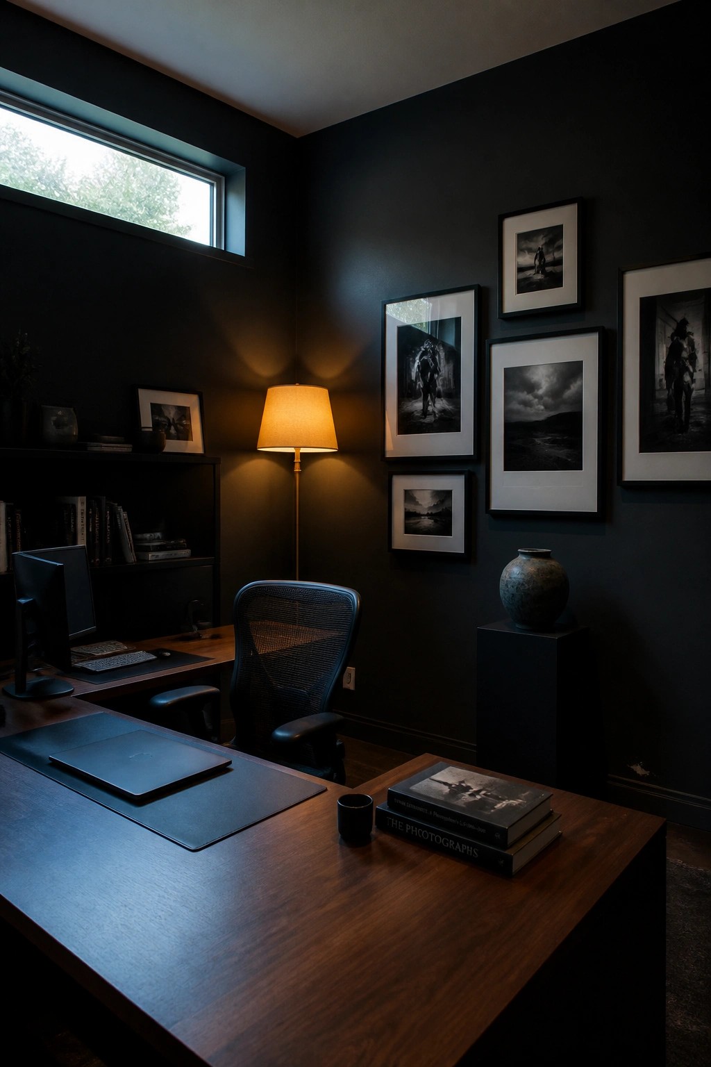 A home office with dark walls, a wooden desk, a mesh office chair, a floor lamp, and framed black and white photographs arranged on the wall.
