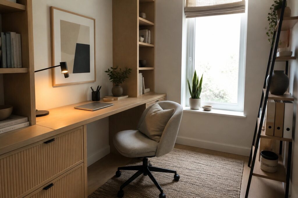 A light wood built-in desk and open shelving unit placed beside a window with a roller shade, with a beige upholstered office chair on a woven rug.