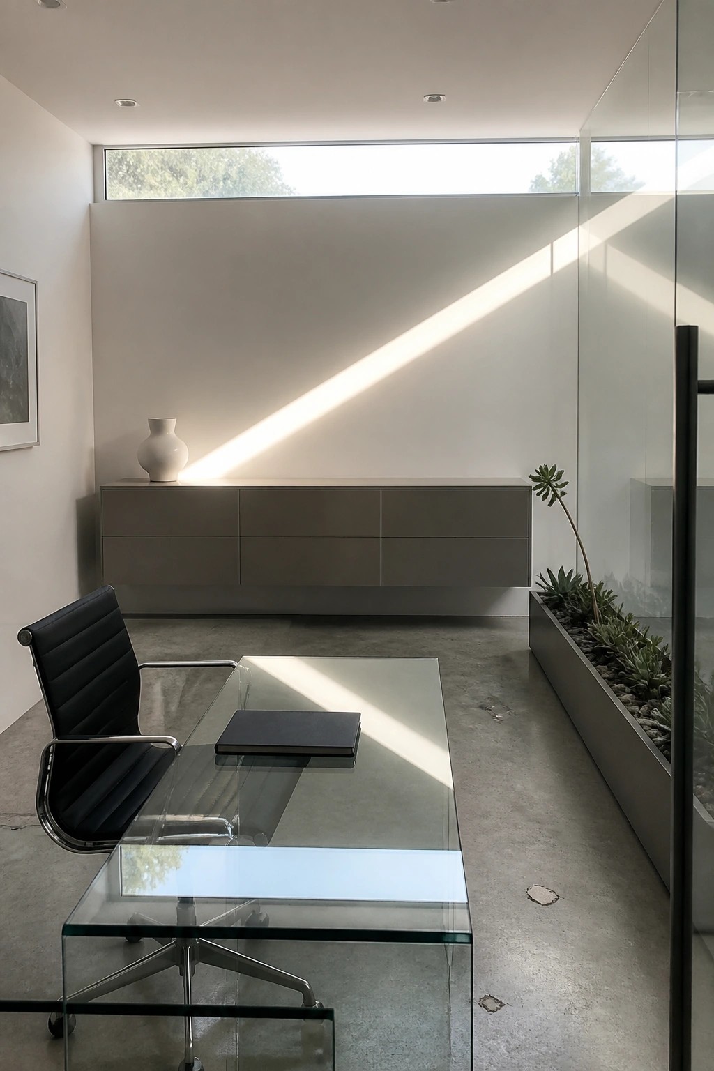 Minimalist office with glass desk, black leather chair, sunlight on gray cabinet.
