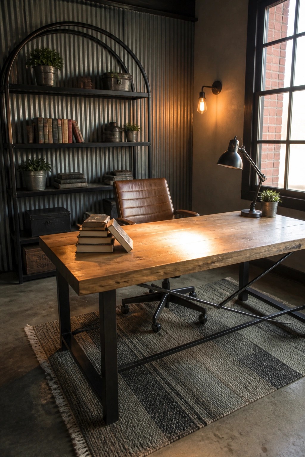 A large wooden desk with black metal legs sits on a striped rug, paired with a brown leather office chair and black metal shelving against a corrugated metal wall.