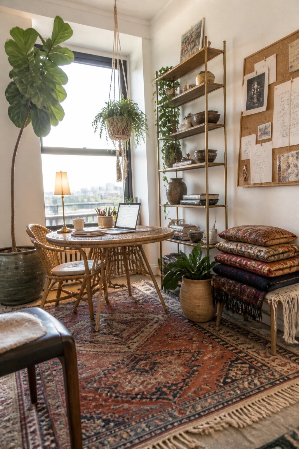 A home office featuring a round woven table used as a desk with two rattan chairs, tall shelves, a corkboard, and a large patterned rug.