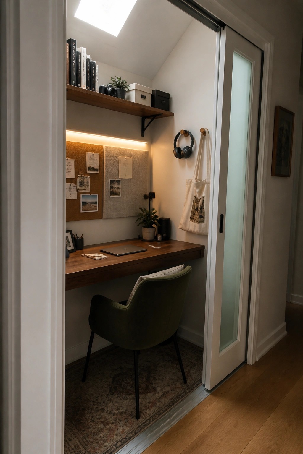 A compact wooden desk and green chair set inside a closet with shelves above, a lit corkboard on the wall, and a sliding door partially open.