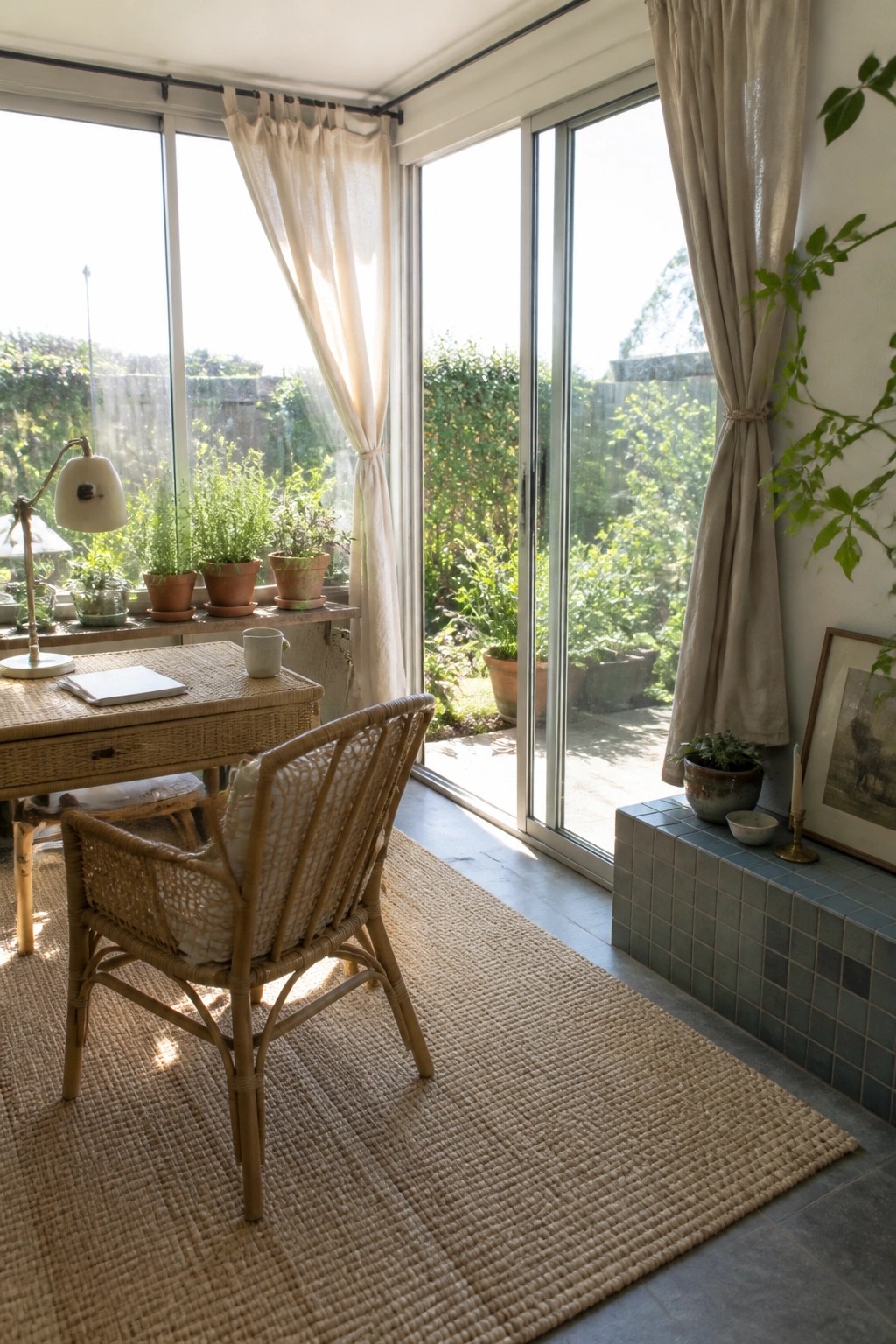 A home office featuring a wicker desk, rattan chair on a jute rug, potted plants on the windowsill, and glass doors opening to a garden.