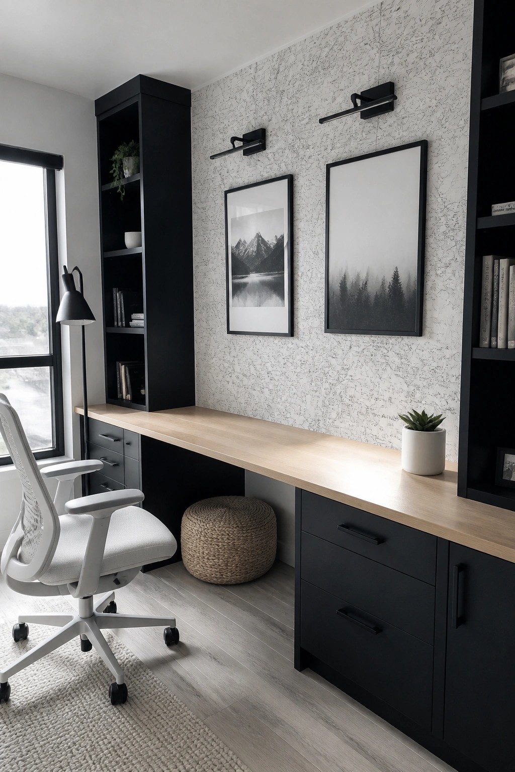 A home office featuring a long built-in desk with light wood top and black base cabinets, a white ergonomic chair, black wall sconces, and two framed black and white prints on a textured wall.