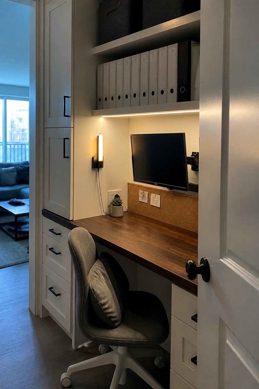 A compact home office features a wooden built-in desk with white cabinetry, overhead shelves holding binders, a wall-mounted monitor, and a gray office chair.
