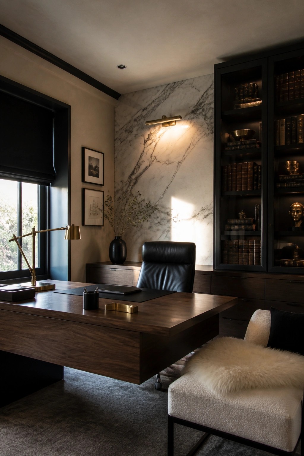 A modern home office with a large floating dark wood desk, black leather chair, marble accent wall with wall sconce, and dark built-in bookshelves filled with books and decor.