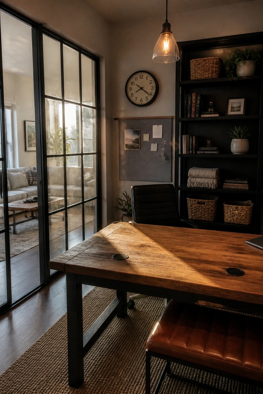 A home office with a large wooden desk, black open shelving unit on the right, and sliding glass doors leading to a living room on the left.