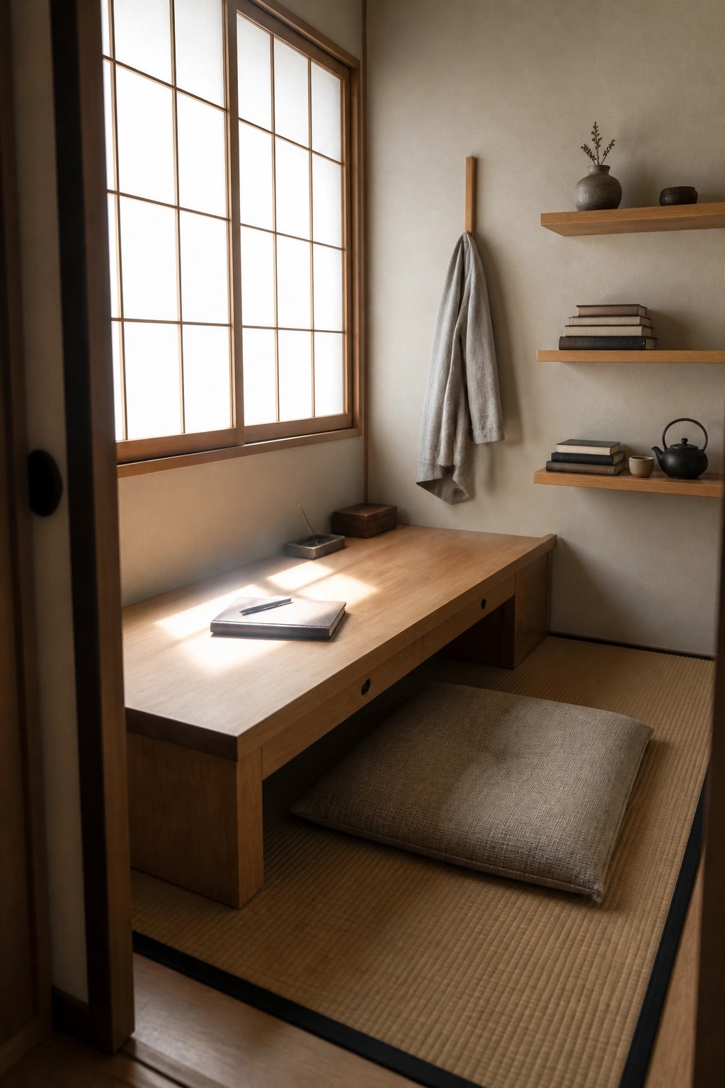 A low wooden desk on tatami mats with a cushion in front, a notebook and pen on the surface, and a shoji screen window on the left wall.