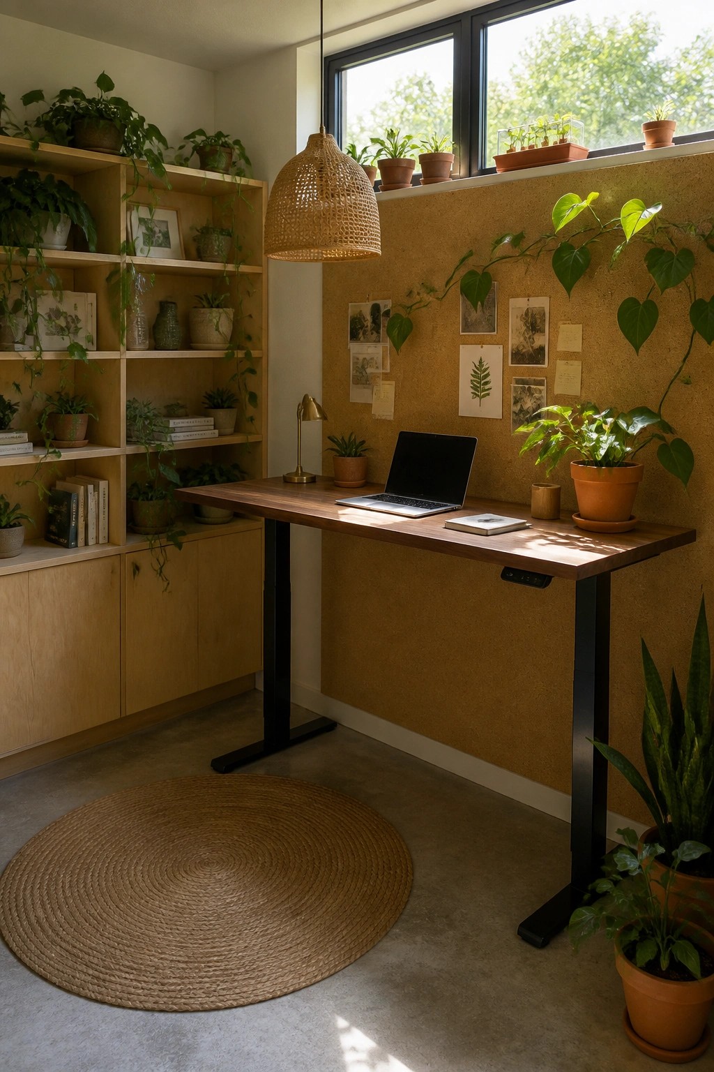 A modern home office with a wooden desk against a cork wall, surrounded by numerous potted plants on shelves and the floor, with a laptop open on the desk.