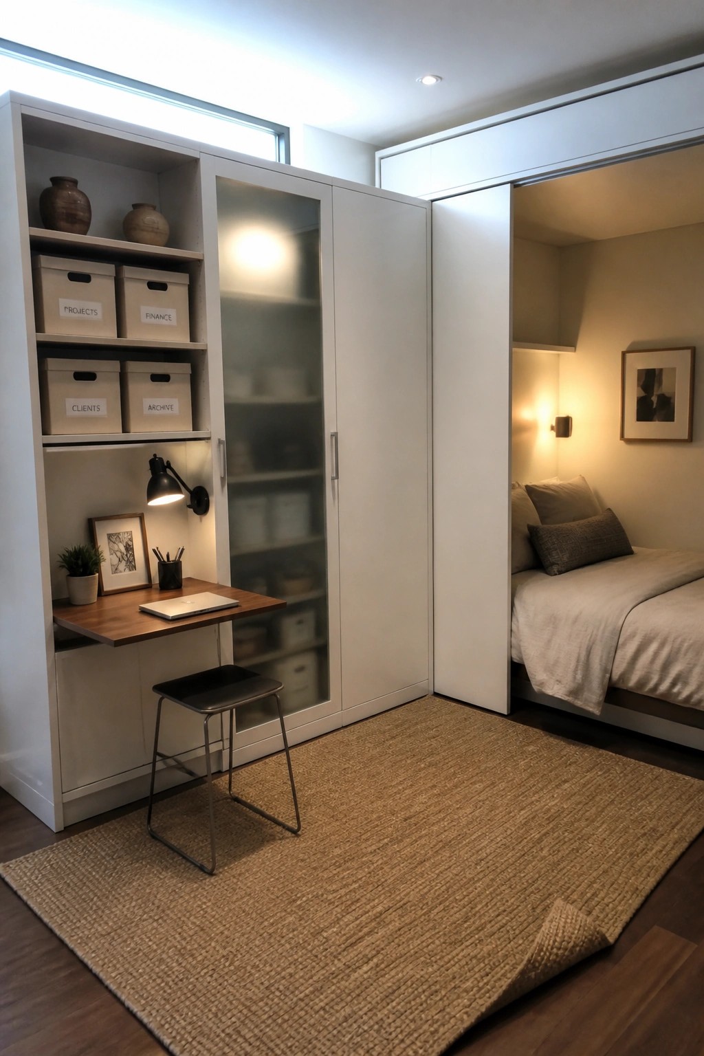 A bedroom with white built-in cabinets that include a fold-down wooden desk, a black stool, labeled storage boxes, and a bed visible in an adjacent alcove.