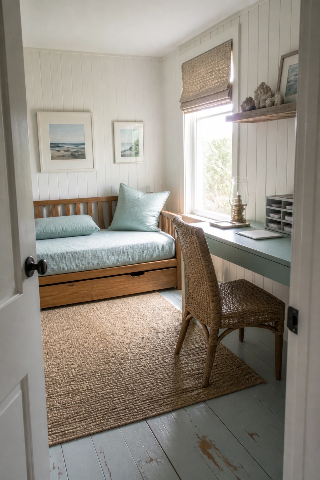 Coastal bedroom with wooden daybed, blue linens, jute rug, and wicker desk chair.