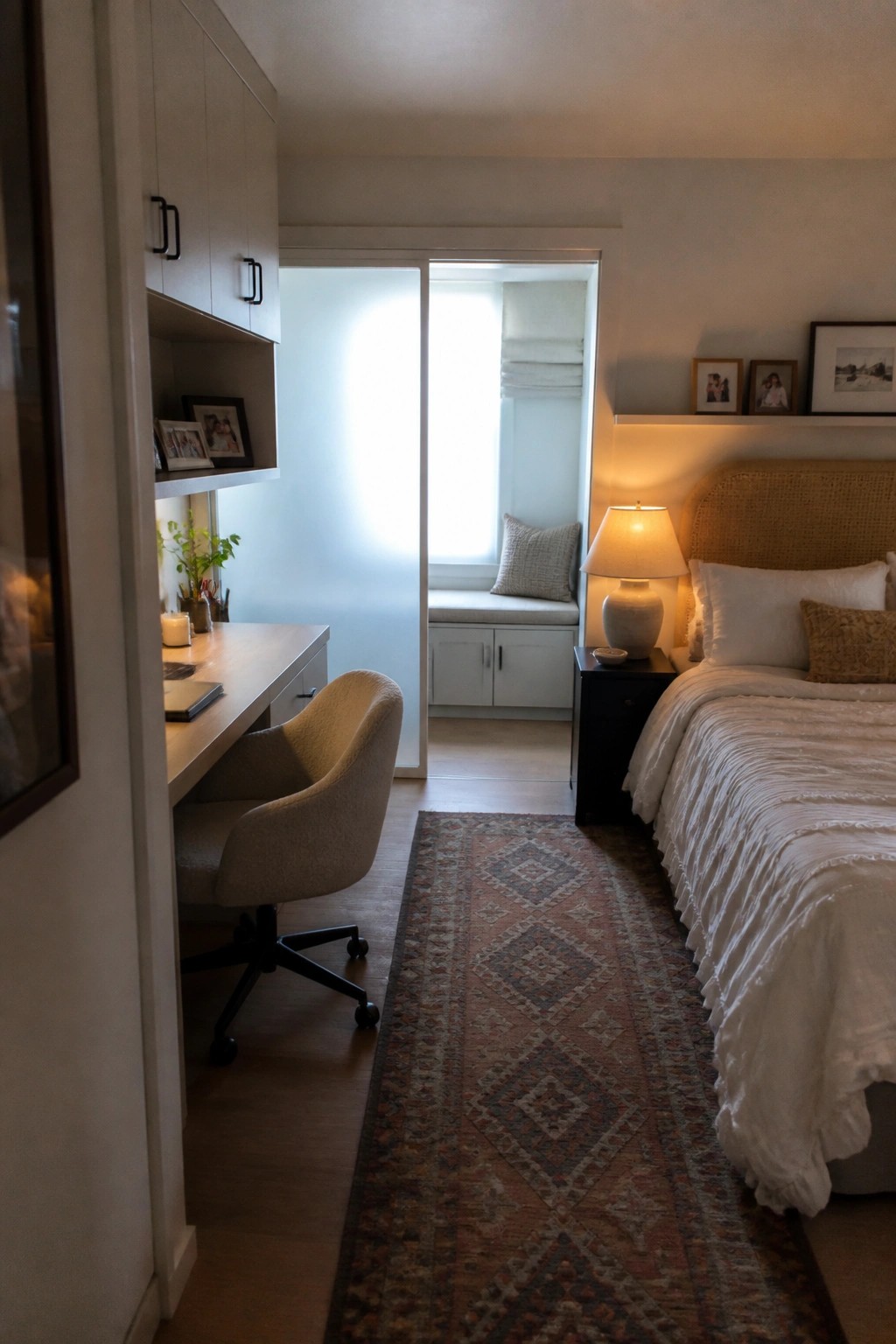 A bedroom interior showing a wooden desk with an office chair on the left wall next to a bed with white bedding on the right, linked by a long patterned runner rug.