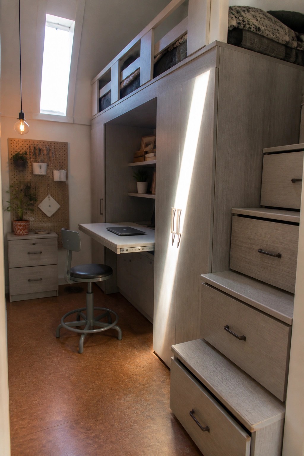 Small bedroom interior with loft bed above built-in cabinets and a pull-out desk with stool, pegboard on the wall, and tall window on the left.