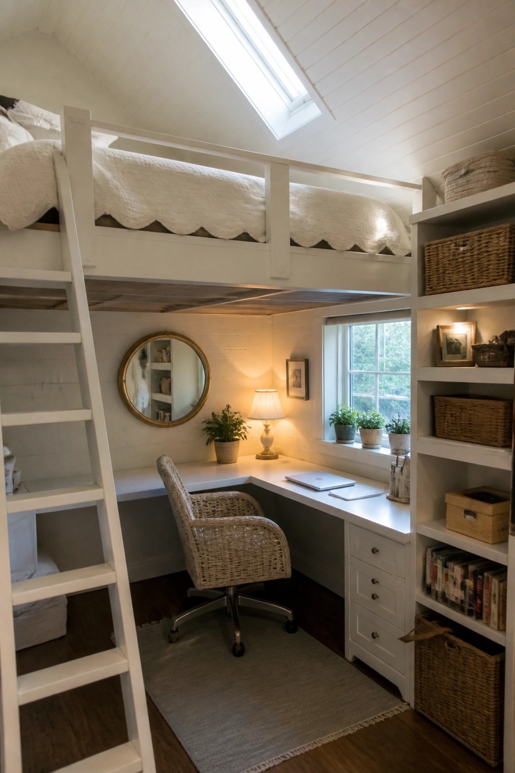 A white loft bed over a white desk setup with a wicker chair, laptop, lamp, and built-in shelves in a small room.