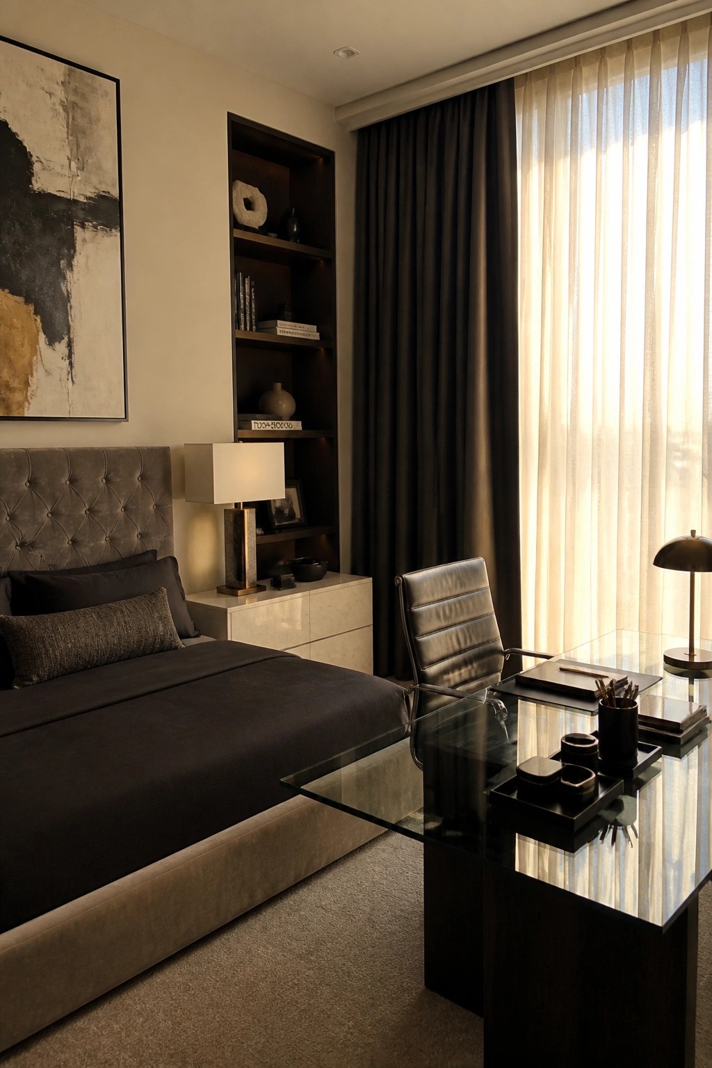 Modern bedroom with dark bed, glass desk, abstract art, and sunlit curtains.