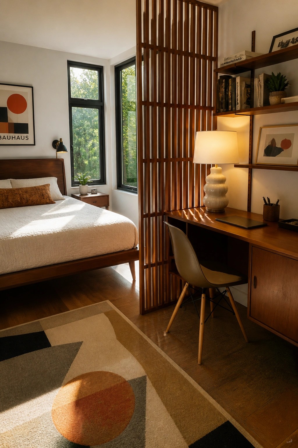 Bedroom interior with a wooden slat room divider separating a bed from a desk area that includes a chair and lamp.