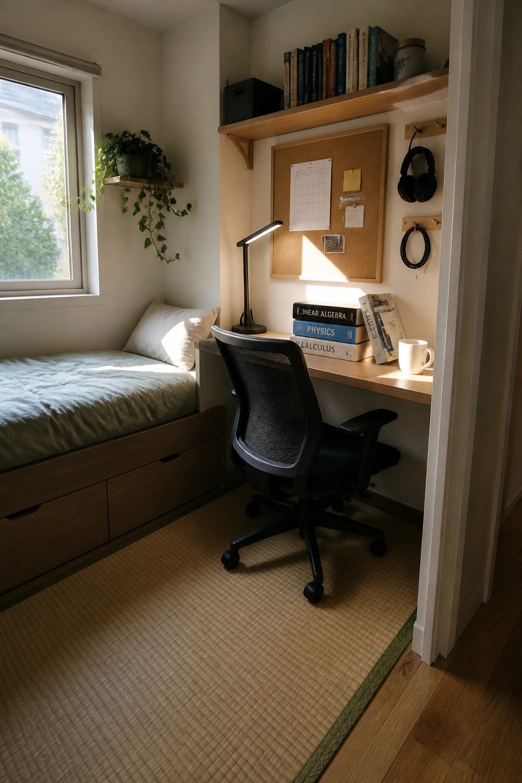 Sunlit study nook with desk, black chair, textbooks, corkboard, and bed by window