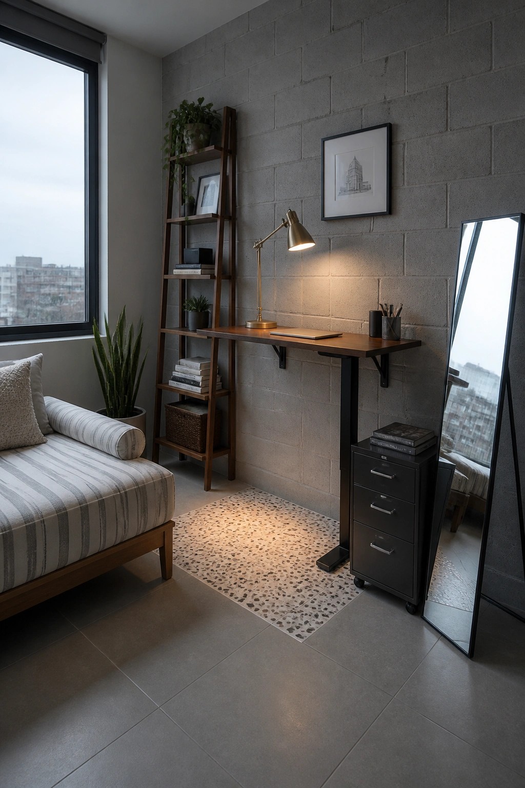 Minimalist room with wooden desk, lit lamp, ladder shelf, daybed, and leaning mirror.