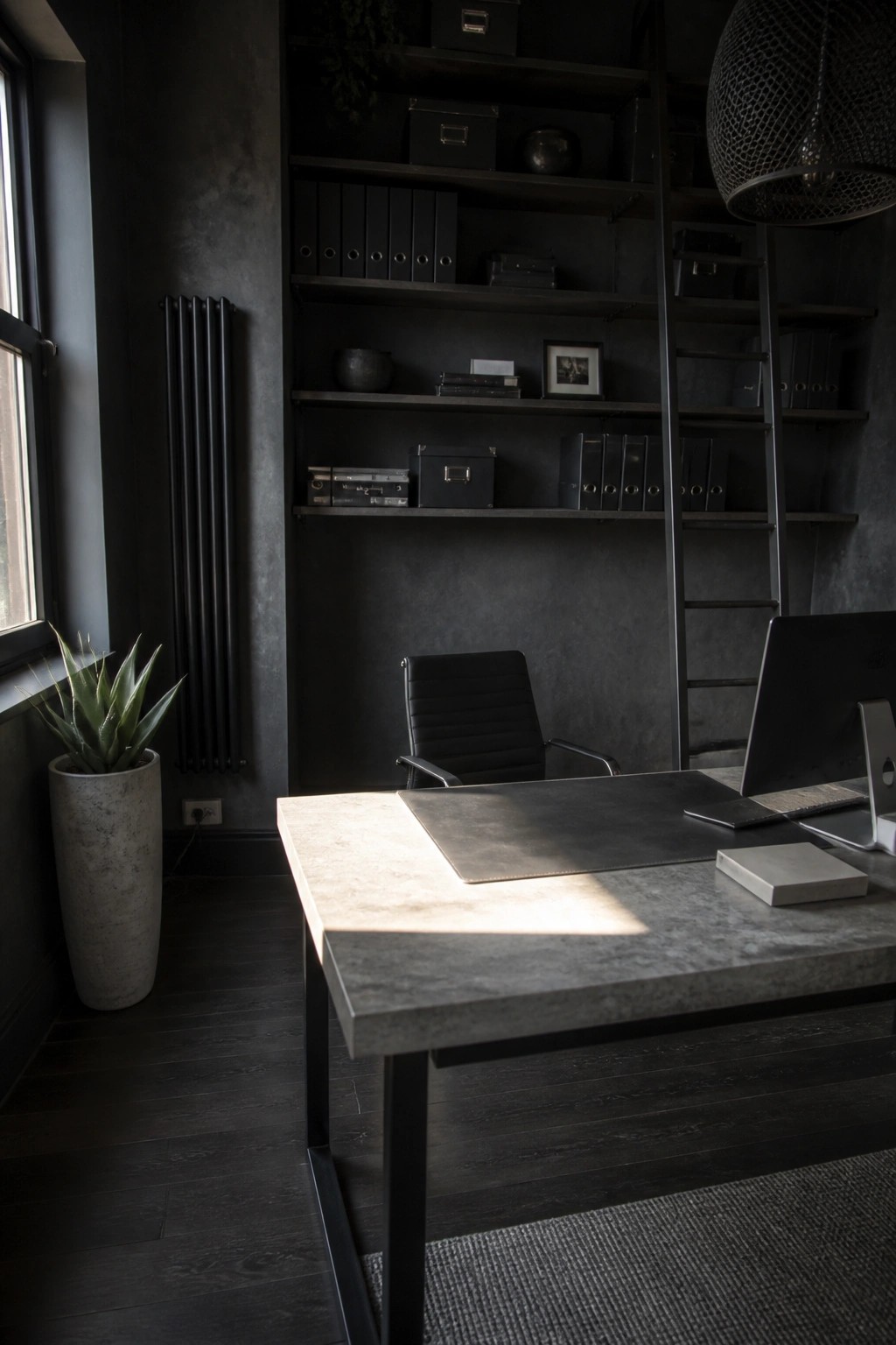 A home office with a concrete desk, laptop, black chair, and dark floor-to-ceiling built-in shelves accessed by a metal rolling ladder.