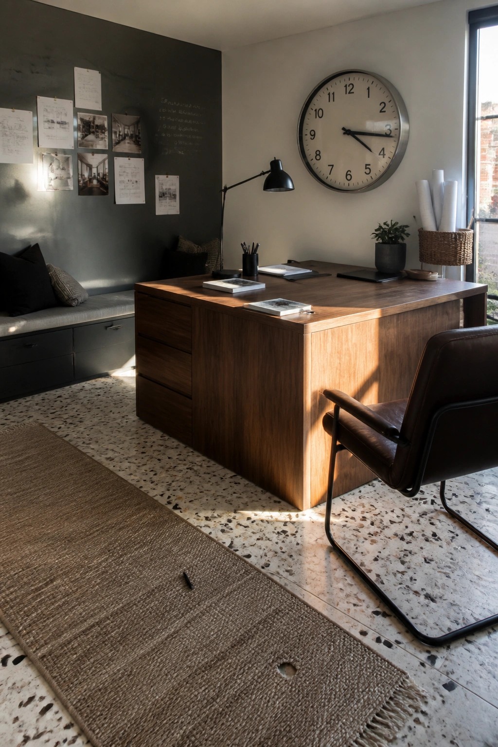 A home office with a large wooden desk, brown leather chair, and dark chalkboard wall covered with pinned papers and handwritten notes.