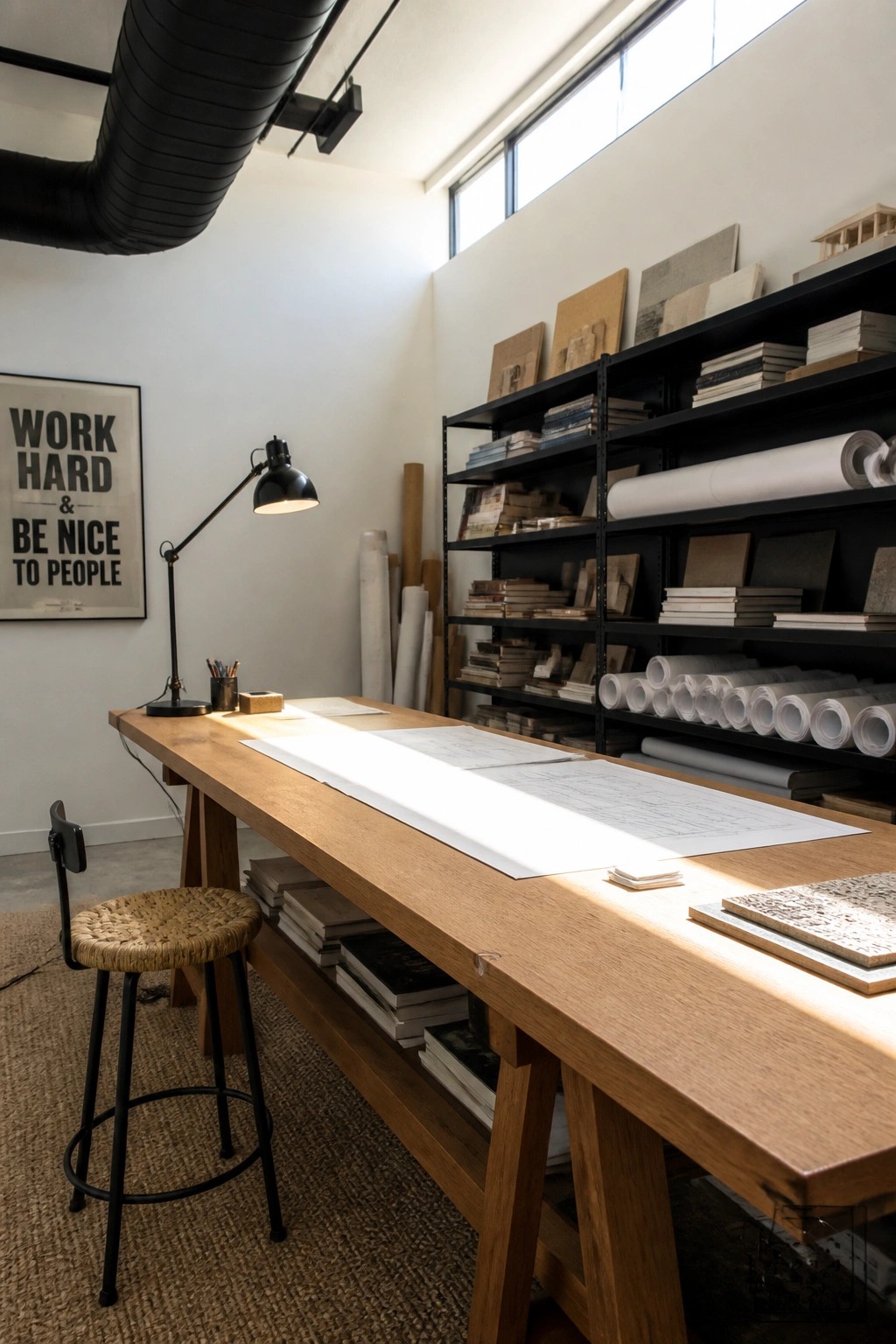 A home office featuring a long wooden table with architectural plans, a black adjustable lamp, a woven stool, and black metal shelves stocked with material samples and paper rolls.